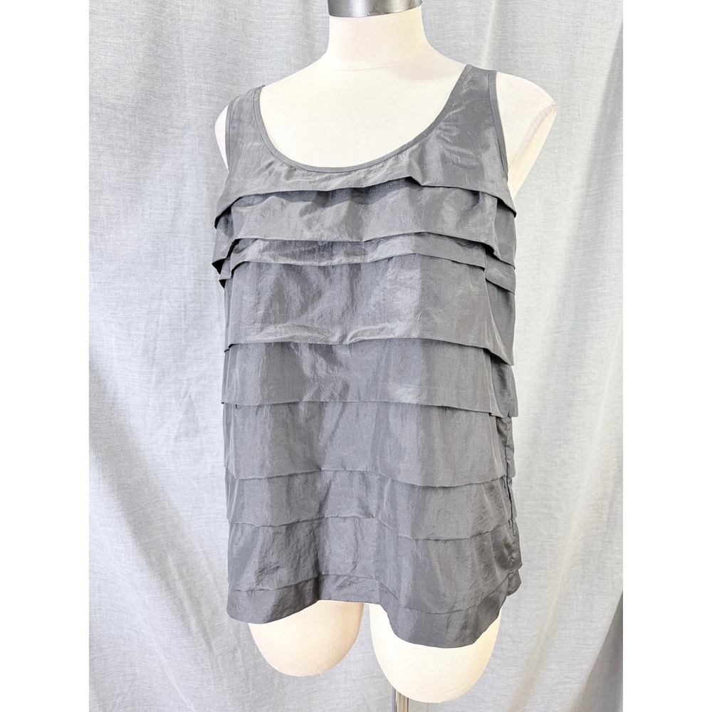 Eileen Fisher Womens 100% Silk Tiered‎ Ruffle Sleeveless Top Gray Small